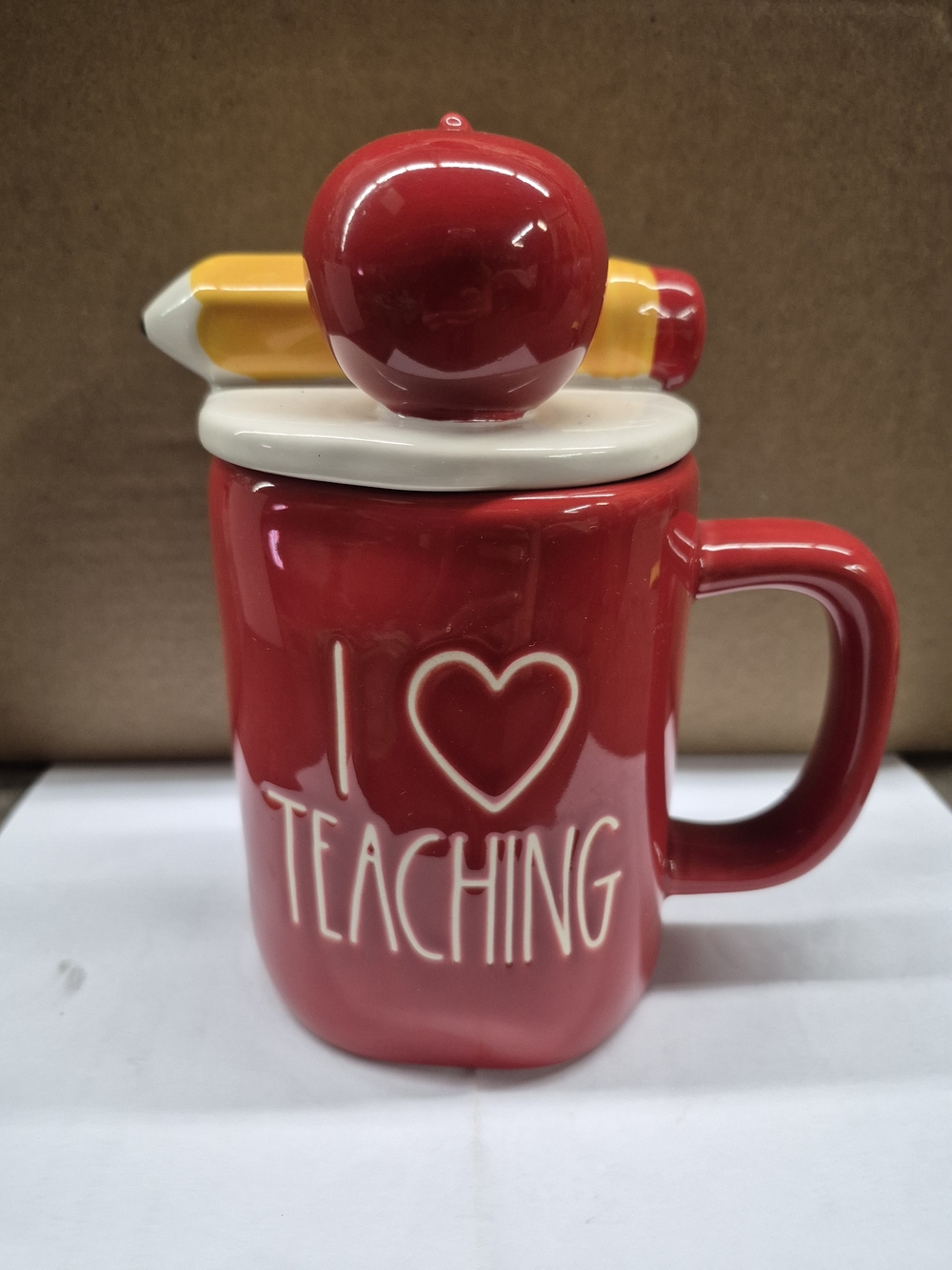 Rae Dunn Red "I ♥ Teaching" Ceramic Mug with Apple & Pencil Lid